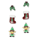 108361, CHRISTMAS ELF SOCKS GLITTER ENAMEL 3 PAIR STUD EARRING SET