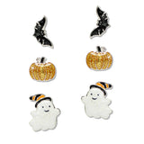 108365, HALLOWEEN SPOOKY GHOST BAT PUMPKIN GLITTER ENAMEL 3 PAIR STUD EARRING SET