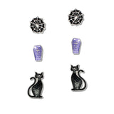 108360, HALLOWEEN SPIDER WEB COFFIN BLACK CAT 3 PAIR STUD EARRING SET