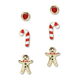 108368, CHRISTMAS CANDY CANE GINGERBREAD MAN ENAMEL 3 PAIR STUD EARRING SET
