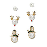 108356, CHRISTMAS REINDEER SNOWMAN PEARL RHINESTONE 3 PAIR STUD EARRING SET