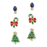 108369, CHRISTMAS TREE BOW CANE ENAMEL 3 PAIR STUD EARRING SET