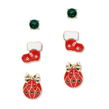 108358, CHRISTMAS ORNAMENT SOCKS ENAMEL 3 PAIR STUD EARRING SET