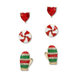 108357, CHRISTMAS MITTEN GLOVE CANDY HEART 3 ENAMEL 3 PAIR STUD EARRING SET