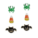 108355, HALLOWEEN SPIDER BAT ENAMEL 3 PAIR STUD EARRING SET