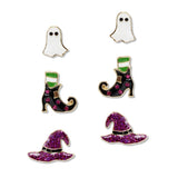108366, HALLOWEEN SPOOKY GHOST WITCH HAT SHOE GLITTER ENAMEL 3 PAIR STUD EARRING SET