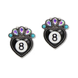 108415, LUCKY 8 BALL WESTERN HEART STUD EARRING