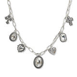 108421, GEOMETRIC RHINESTONE HEARTS WITH CROSS MULTI CHARM NECKLACE