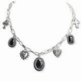 108421, GEOMETRIC RHINESTONE HEARTS WITH CROSS MULTI CHARM NECKLACE