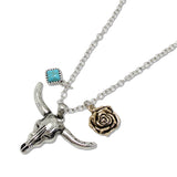 108428, WESTERN STEER HEAD ROSE TURQUOISE CHARM PENDANT NECKLACE