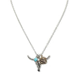 108428, WESTERN STEER HEAD ROSE TURQUOISE CHARM PENDANT NECKLACE