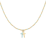 107756, ENAMEL CROSS CHARM DAINTY BEADED NECKLACE