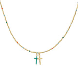 107756, ENAMEL CROSS CHARM DAINTY BEADED NECKLACE