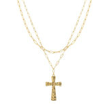 107211, HAMMERED CROSS DOUBLE LAYERED CHAIN NECKLACE