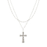 107211, HAMMERED CROSS DOUBLE LAYERED CHAIN NECKLACE