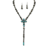 107973, WESTERN CROSS TURQUOISE STONE ACCENT NAVAJO BEADED Y SHAPED NECKLACE