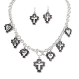108664, WESTERN CROSS HEART FILIGREE ACCENT MULTI CHARM NECKLACE