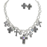 108420, FILIGREE CROSS WITH RHINESTONE ACCENT MULTI CHARM NECKLACE