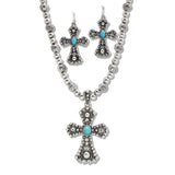 107816, WESTERN CROSS TURQUOISE RHINESTONE ACCENT BEADED NECKLACE