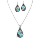 108661, WESTERN TURQUOISE FLOWER BALL TEXTURED TEARDROP PENDANT NECKLACE