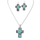 108662, WESTERN TURQUOISE FLOWER CROSS PENDANT NECKLACE