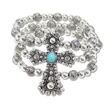107817, WESTERN CROSS TURQUOISE RHINESTONE ACCENT BEADED STRETCH BRACELET