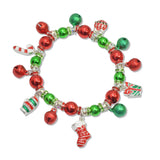 108014, CHRISTMAS SOCKS GLOVES CANDY CANE JINGLE BELL CHARM STRETCH BRACELET