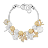 108694, GARDEN THEME PAVE BUTTERFLY DRAGONFLY HEART FLOWER MULTI CHARM BRACELET