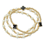 108622, ENAMEL CLOVER ACCENT PEARL BALL MULTI LAYERED BEADED STRETCH BRACELET