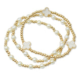 108622, ENAMEL CLOVER ACCENT PEARL BALL MULTI LAYERED BEADED STRETCH BRACELET