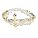 107903, HAMMERED CROSS WITH FRESHWATER PEARL STRETCH BRACELET SET