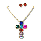 Rhinestone Cross Pendant Necklace Set – Gold/Multi · LNE1153GDMU_PK _DSC8697