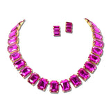 Emerald Cut Crystal Statement Collar Necklace And Earring Set – Gold/Fuchsia · MNE8433GDFU _DSC8726
