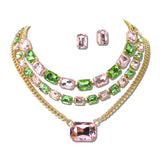 3 Piece Layered Emerald Cut Rhinestone Necklace Set – Gold/Pink Green · MNE8855PKGRMU_PK _DSC8735