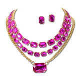 3 Piece Layered Emerald Cut Rhinestone Necklace Set – Gold/Fuchsia · MNE8855GDFU _DSC9196
