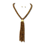 Beaded Tassel Pendant Necklace Set/ Water Resistant – Matte Gold/Brown · NK30044BRW_TP _DSC9246