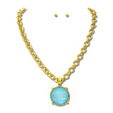 Round Faceted Pendant Necklace Set/ Water Resistant – Worn Gold/Turquoise · NK10162TQMOP_TP _DSC9249