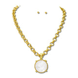 Round Faceted Pendant Necklace Set/ Water Resistant – Worn Gold/MOP · NK10162MOP_TP _DSC9250