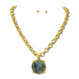 Round Faceted Pendant Necklace Set/ Water Resisant – Worn Gold/Grey · NK10243DSG_TP _DSC9251
