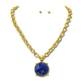 Round Faceted Pendant Necklace Set/ Water Resisant – Worn Gold/Blue · NK10243BLU_TP _DSC9253