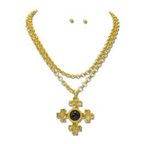 Pearl Stone Cross Pendant Necklace Set/ Water Resistant – 24K Gold Tone/Black · NK10183BK24K_TP _DSC9258