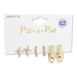 107870, CROSS BAR GEOMETRIC HOOP CUBIC ZIRCONIA 3 PAIR STUD EARRING SET