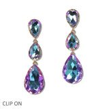 108460, TRIPLE TEARDROP RHINESTONE DANGLE CLIP ON EARRING