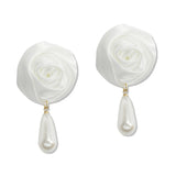 108330, ROSE FABRIC FLOWER WITH PEARL DANGLE EARRING