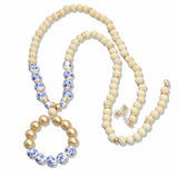 107693, FLORAL CERAMIC PORCELAIN WITH WOOD BEADED LONG NECKLACE