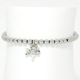 85647, PAVE TREE OF LIFE CHARM W/ BALL BEAD STRETCH BRACELET *STAINLESS STEEL