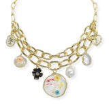 107214, PRESSED FLOWER FRESHWATER PEARL MULTI CHARM NECKLACE