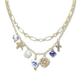 107901, FLORAL CERAMIC PORCELAIN CLOVER BOW CROSS FRESHWATER PEARL MULTI CHARM DOUBLE LAYERED NECKLACE