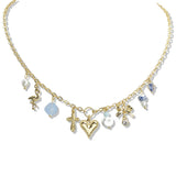 107617, HEART CROSS BOW PORCELAIN CERAMIC FRESHWATER PEARL MULTI CHARM NECKLACE