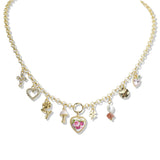 107616, FLOWER PRINT HEART CROSS HEART MULTI CHARM NECKLACE